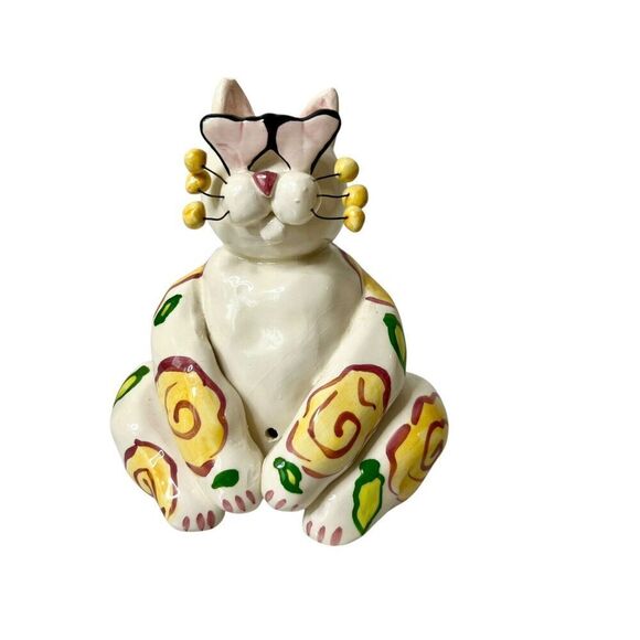 Lacombe WhimsiClay Heart Eye Floral Sitting Cat Figurine - Picture 1 of 10